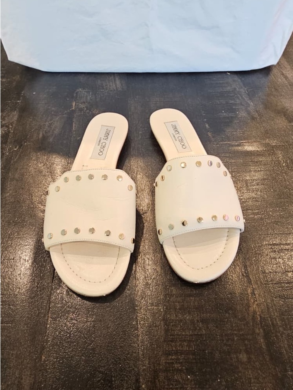 Jimmy Choo Cream Slide Sandals with Gold-Tone Studs